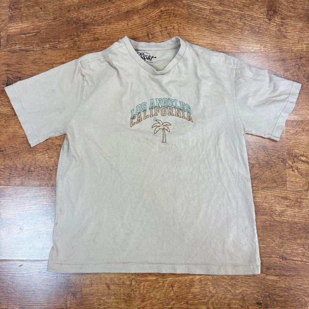 Los Angeles California tan cream embroidered t-shirt, flaws shown in photos